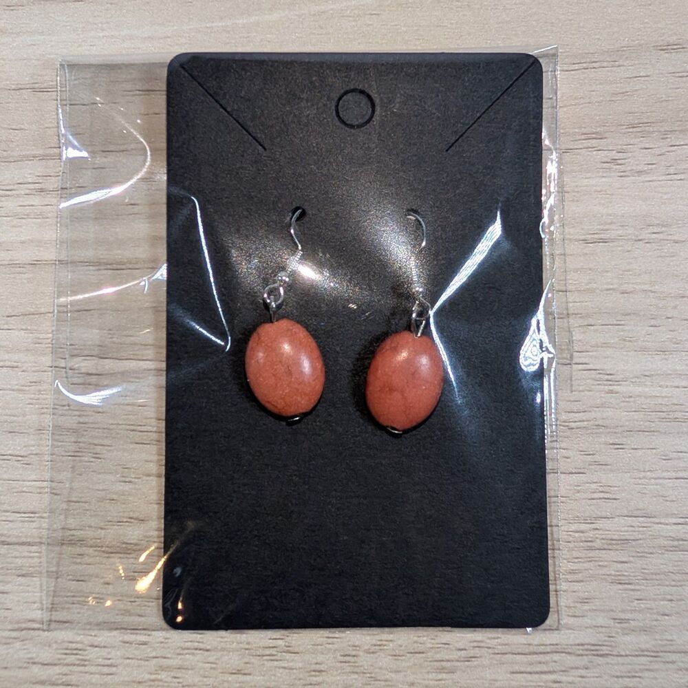 Orange Stone Drop Earrings Oval Bead Dangle Silver Tone Hooks Boho